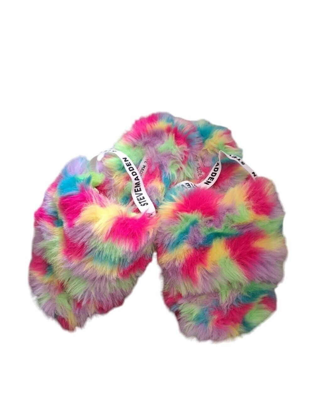 STEVE MADDEN plush multicolor furry slippers slip on elastic back open toe LG